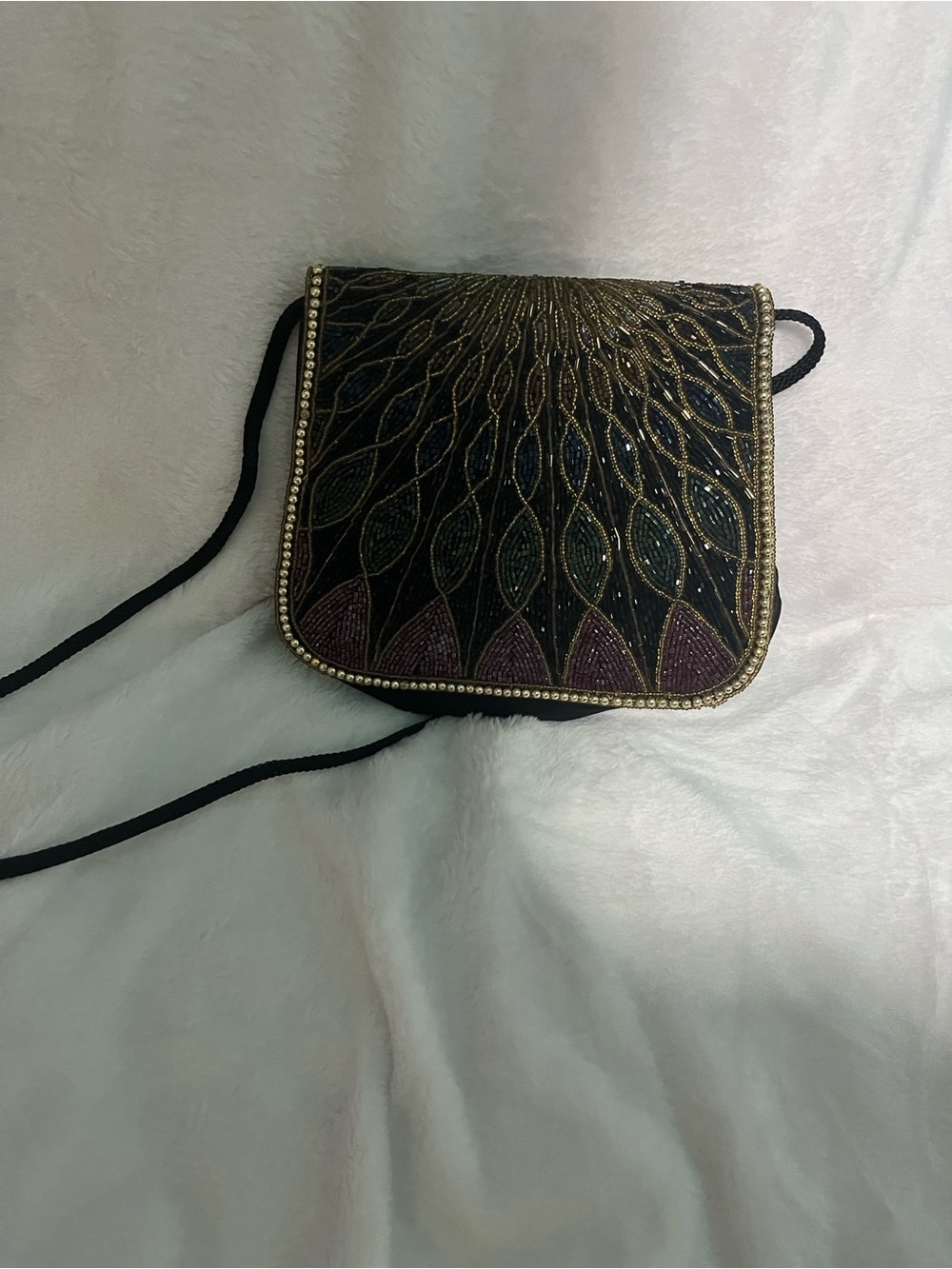 La Regale Black Crossbody Bag with Gold Beaded Detail